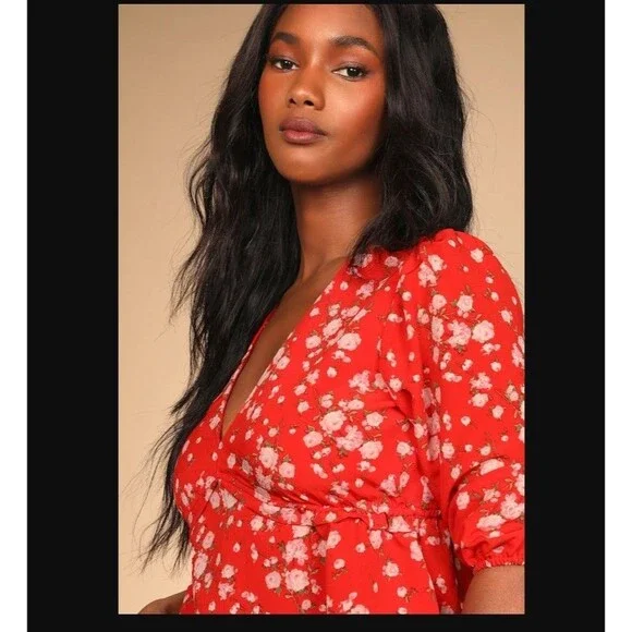 NWT Sage the Label Lulus Red Floral Wrap Top - Puff Sleeve Peplum Blouse-Mediu - Picture 8 of 8